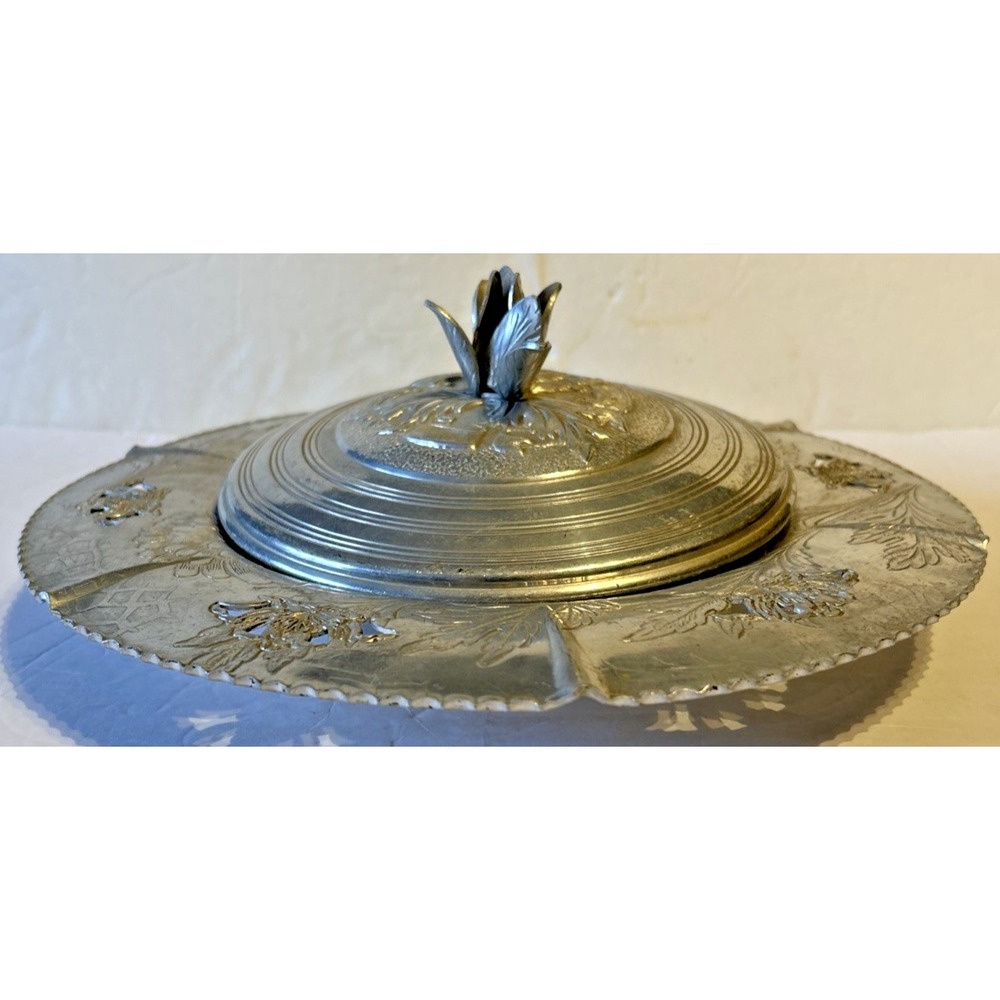 Vtg Forman Family Aluminum Floral Embossed Fruit Nut Bowl Floral Lid 12" x 12"